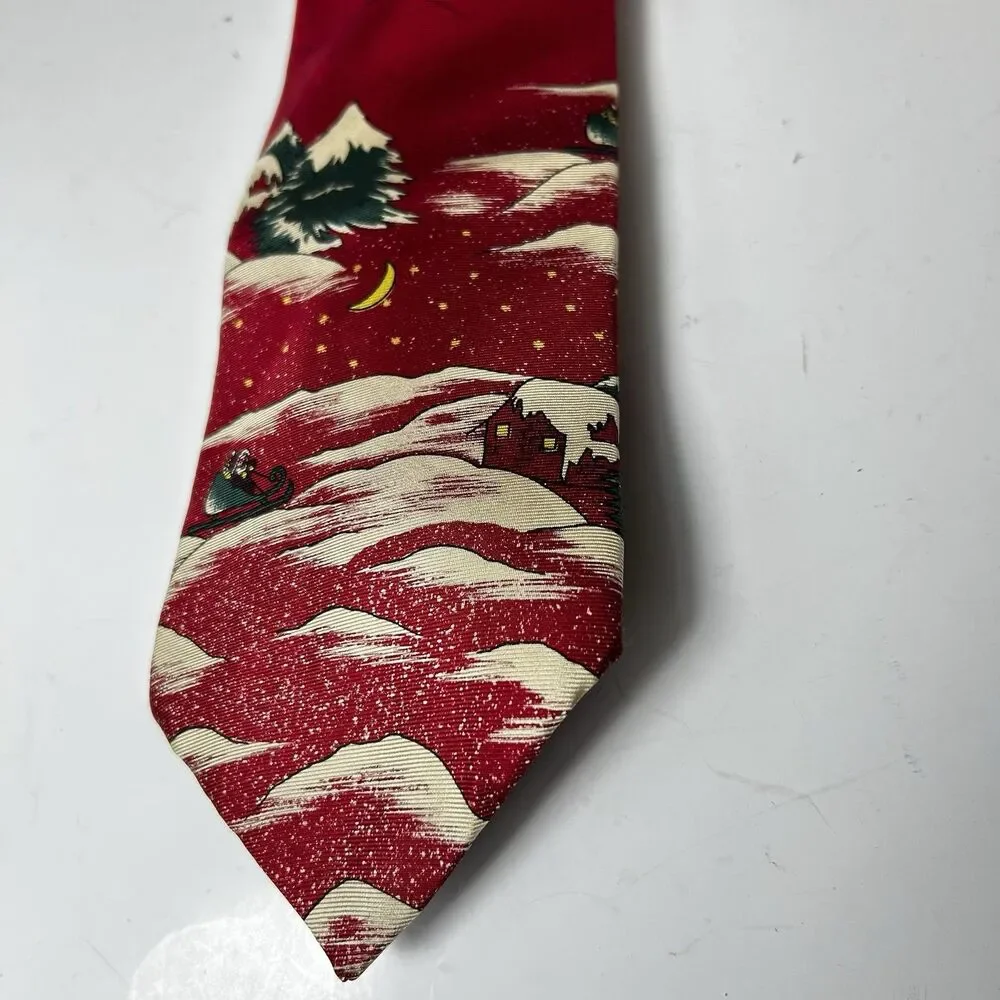 Vintage Wembley Men’s 100% Silk Red White Christmas Eve Scene Tie